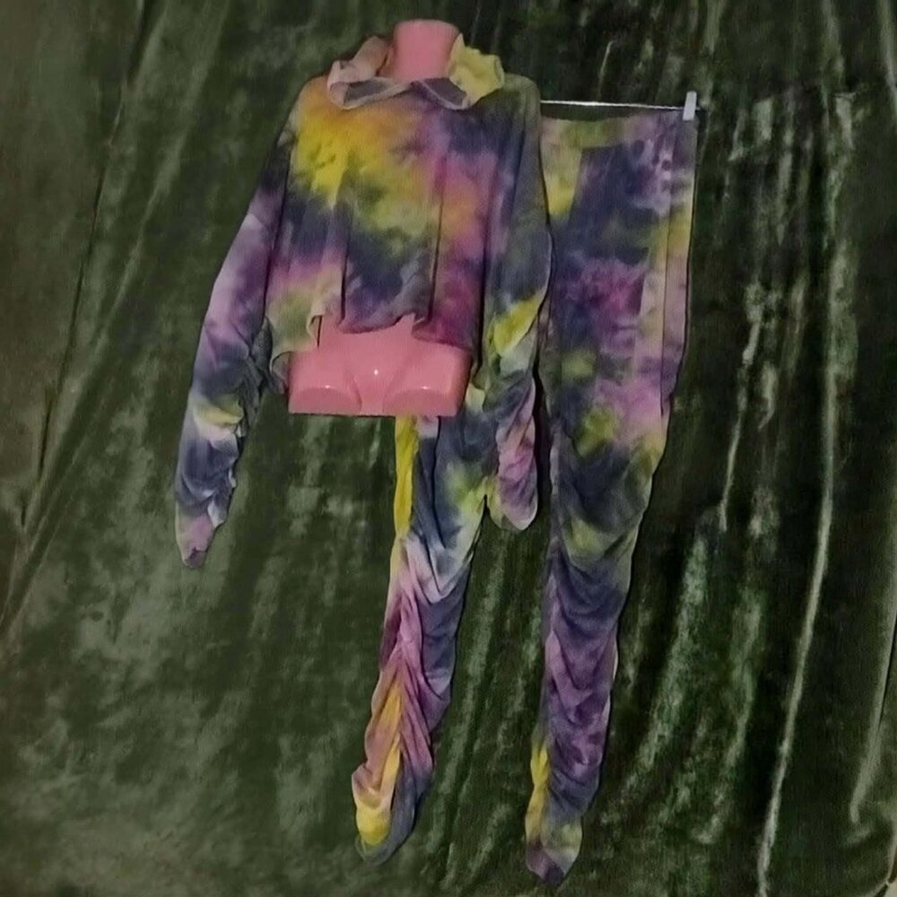 3X Tall Tie Dye Cropped Ruched Long Sleeve Hoodie & Pants Streetwear set